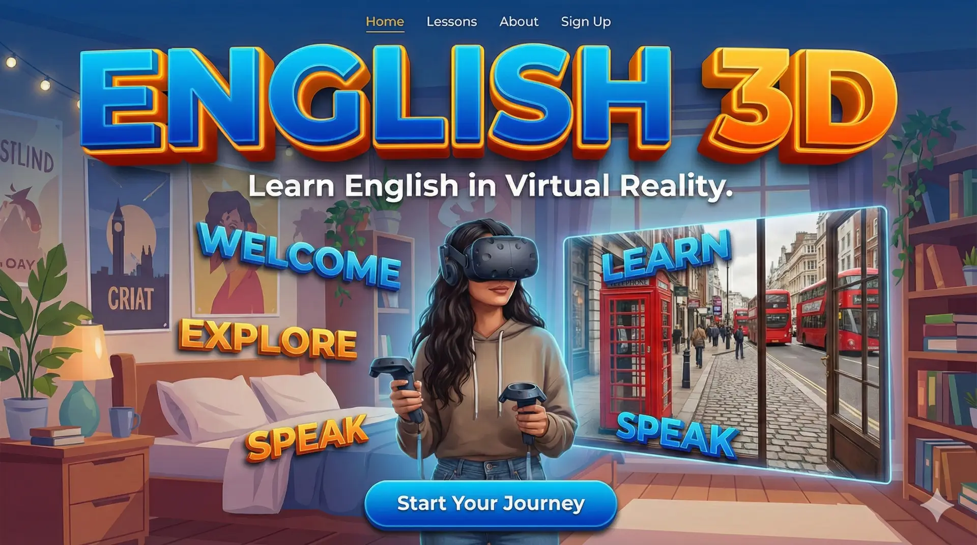 woman wearing VR in bedroom looking at London